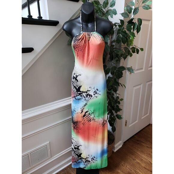 Good Time Long Maxi Dress Women's L Multicolor Halter Neck Sleeveless Pullover - Picture 2 of 11